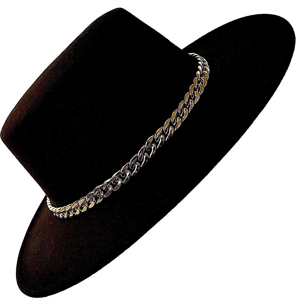 Fedora Black Felt Hat Gold Tone Hatband Women’s One Size New!